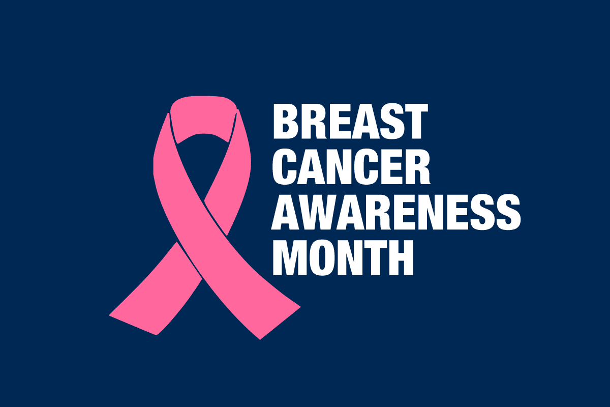 Pink ribbon symbol representing Breast Cancer Awareness Month on a dark blue background.